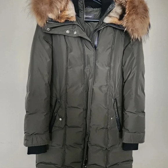 Mackage Long Coat Harley Army Khaki Racoon Rabbit Down Filled Leather  Tri… - Picture 1 of 9